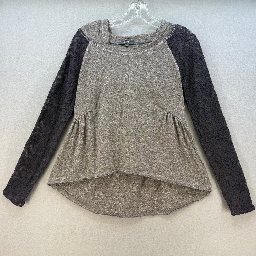 Miss Me Long Sleeves Tee Women's S Grey Lace Sleaves High Low Hoodie Crew Neck